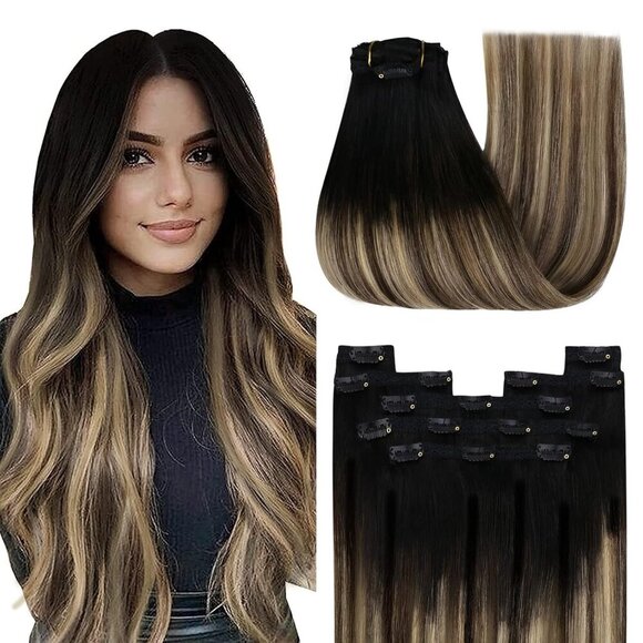 Other - Human Hair Extensions Clip in Ombre Black to Brown Blonde 20 Inch 120G